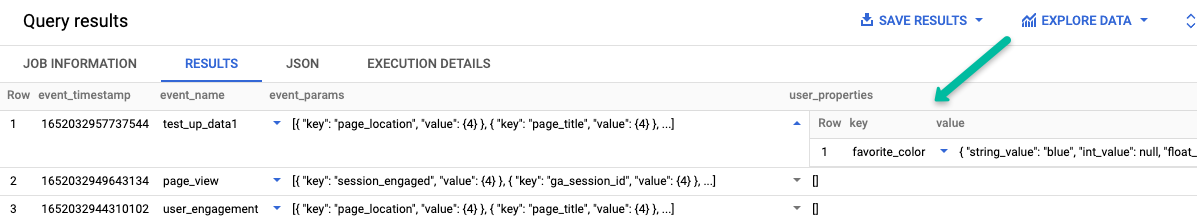 send ga4 user_properties and big query