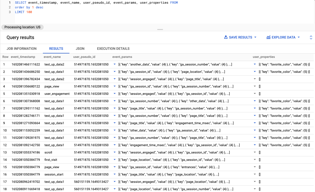 User Properties at Big Query