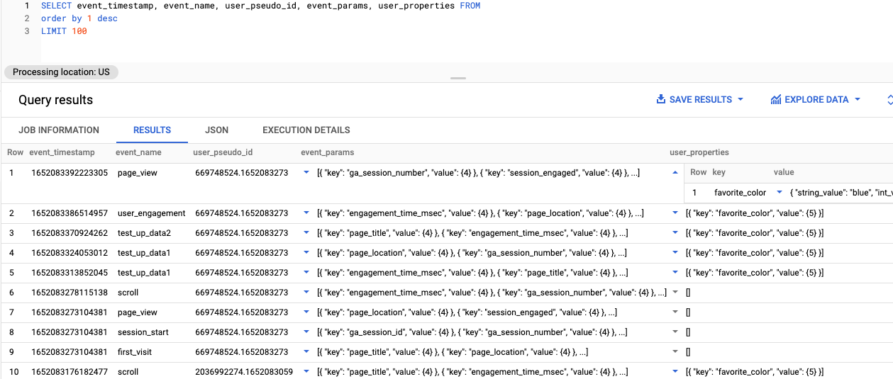 User Properties at Big Query