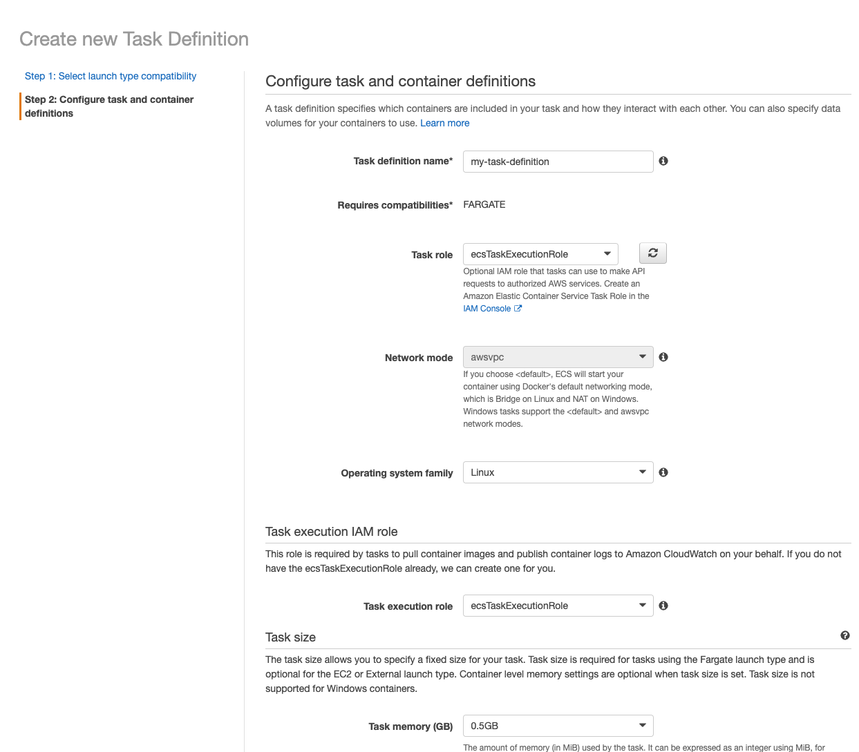 create Task definition - part2